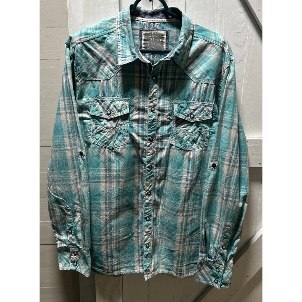 BKE Vintage Teal Plaid Western Shirt Pearl Snap Long Sleeve Men's Size Large